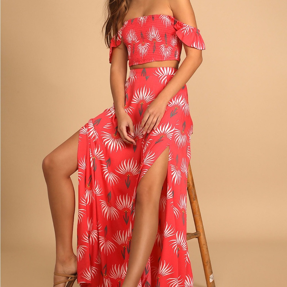 NWT Lulus Trancoso Coral Floral Print Two-Piece Maxi Dress